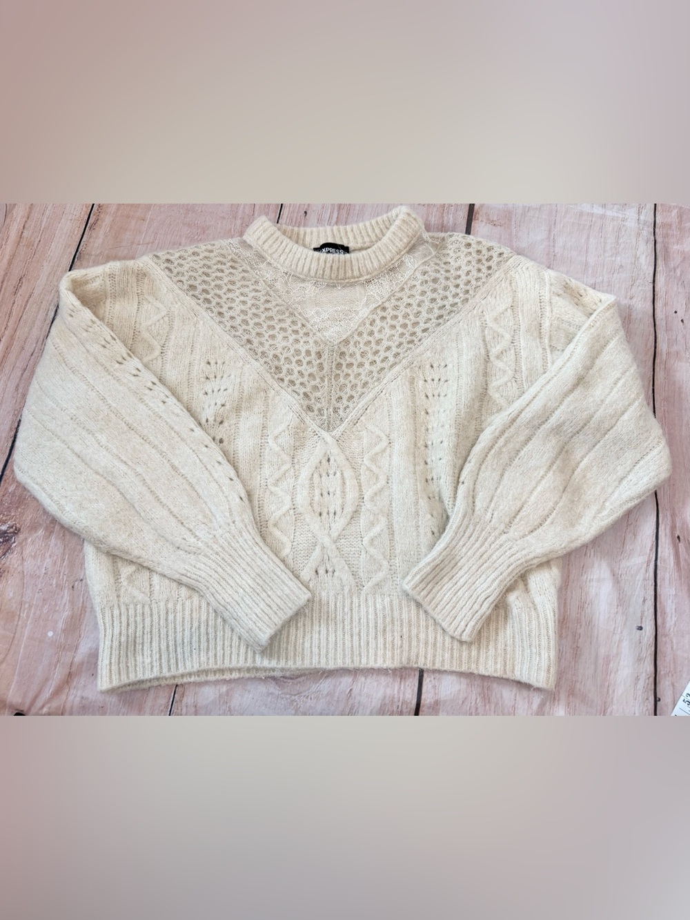 Express Sweater Women M Ivory Lace Cable Knit Long Sleeves Luxury timeless Cozy - Picture 2 of 7